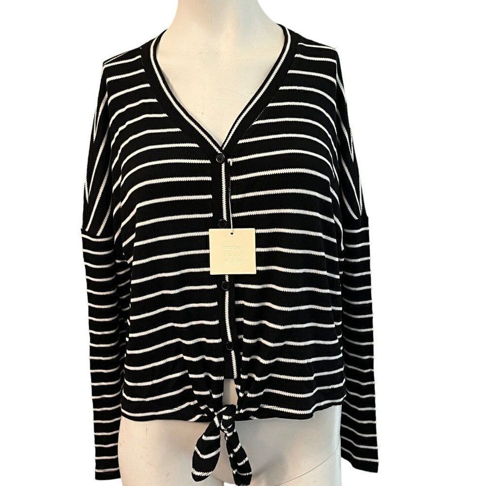 GOOD LUCK GEM Ladies Large Button Front Blouse Tie Front Long Sleeve Striped NWT